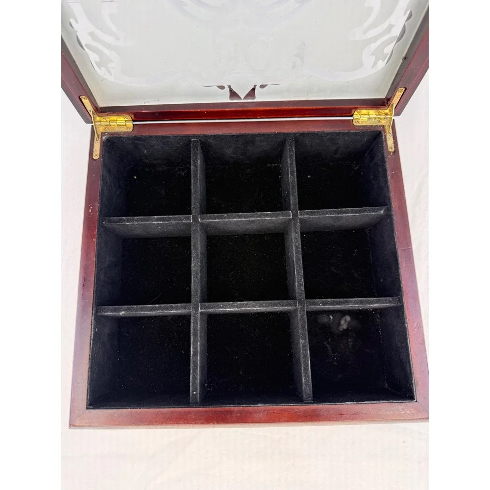 Vintage Wooden Jewelry Box Etched Glass‎ Lid 9 Compartments Cherry Finish